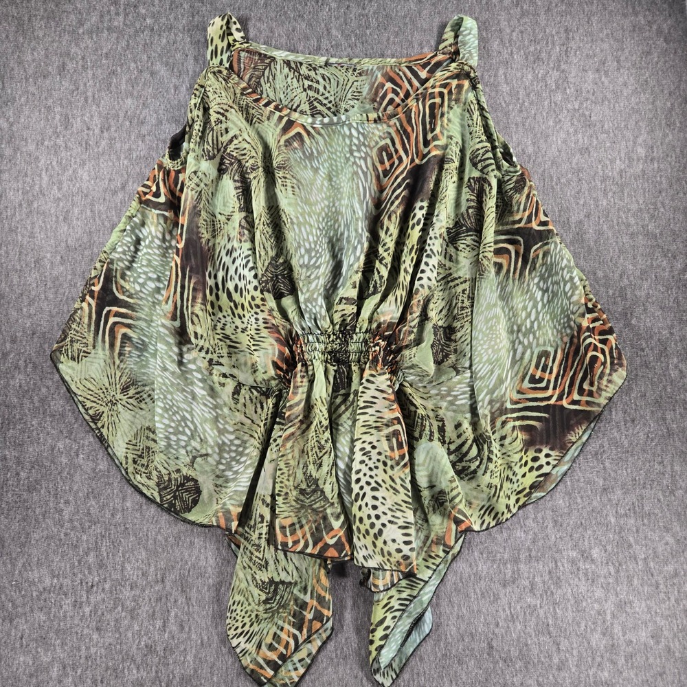 Boho Kimono Top Womens M Green Animal Print Flowy Festival Caftan